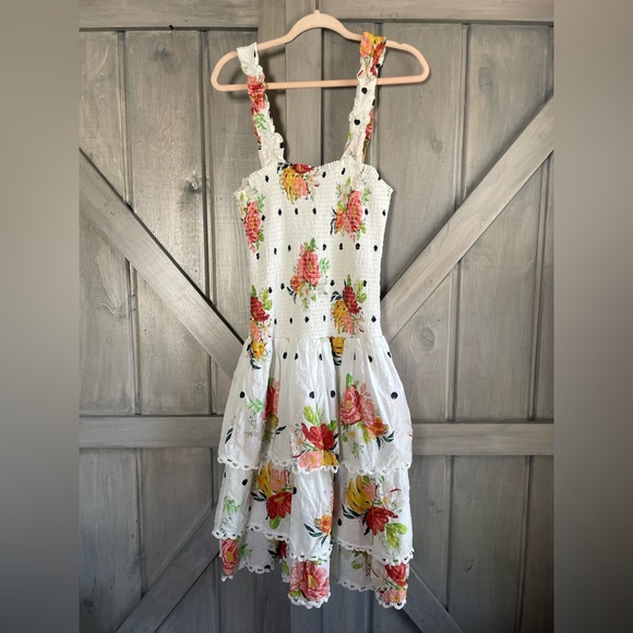 Farm Rio Nanaju Midi Polka Dot Floral Tiered‎ Swiss Dot Dress Smocked Medium - Picture 4 of 10